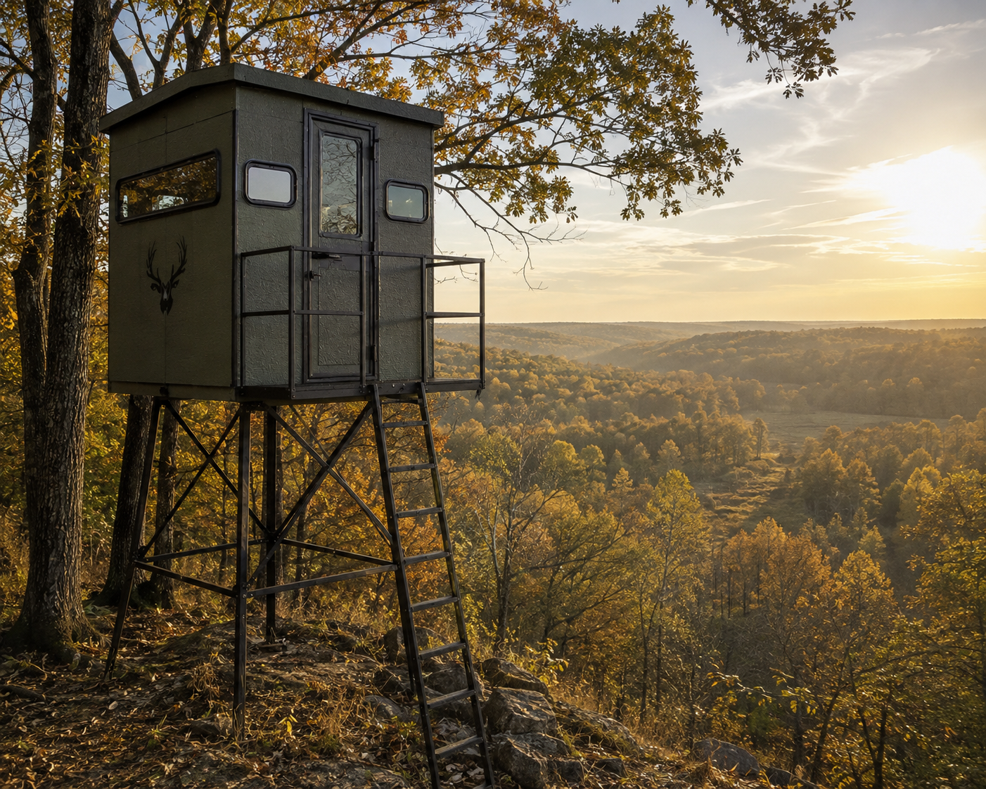 Elevated hunting blind overlooking woodland