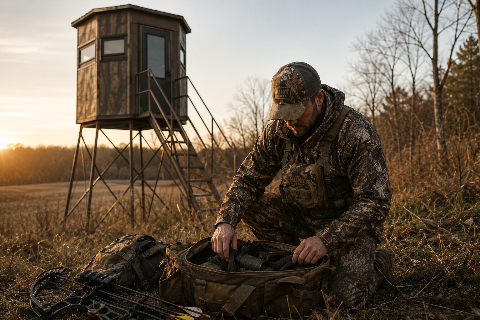 Hunter preparing equipment beside an elevated hunting blind