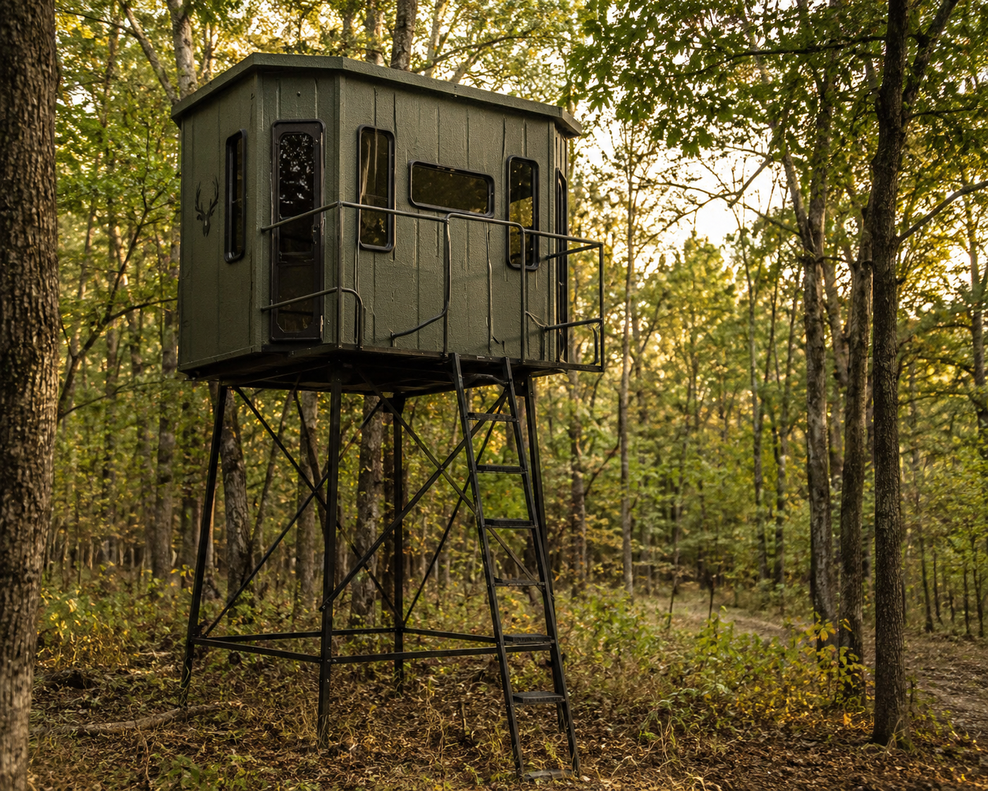 Premium elevated hunting blind in woodland