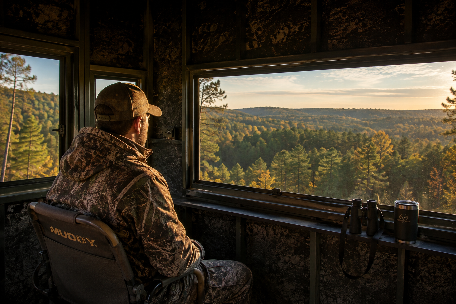 Hunter inside elevated hunting blind overlooking woodland